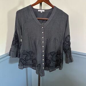 3J Workshop V-neck Button Down Embroidered Boho Shirt Top Blouse XS